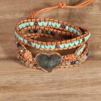 Wrap Bracelets, Labradorite, with PU Leather Cord & Synthetic Turquoise & Zinc Alloy, Heart, gold color plated, multilayer & Bohemian style & for woman, mixed colors .69 Inch 