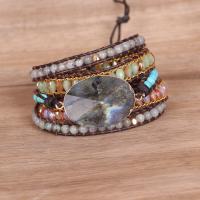 Wrap Bracelets, Labradorite, with PU Leather Cord & Crystal & Zinc Alloy, Ellipse, plated, multilayer & Bohemian style & for woman, mixed colors .5 Inch 