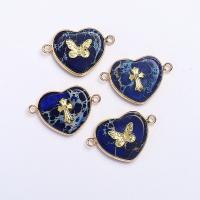 Impression Jasper Connector, with Brass, Heart, gold color plated, Unisex & 1/1 loop, blue 