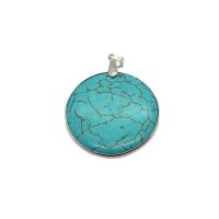 Synthetic Turquoise Pendants, Synthetic Blue Turquoise, with Brass, Flat Round, silver color plated, Unisex, blue, 40mm 