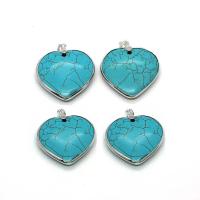 Synthetic Turquoise Pendants, with Brass, Heart, silver color plated, DIY, 40mm 