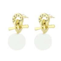 Cubic Zirconia Micro Pave Brass Earring, with Plastic Pearl, real gold plated, micro pave cubic zirconia & for woman, gold, 27mm 