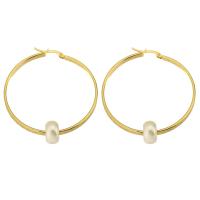 Stainless Steel Hoop Earring, 316 Stainless Steel, with ABS Plastic Pearl, Vacuum Plating, 6 pieces & fashion jewelry & for woman, golden, 55mm 
