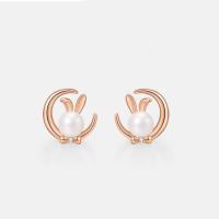 Cubic Zirconia Micro Pave Sterling Silver Earring, 925 Sterling Silver, with Plastic Pearl, Rabbit, rose gold color plated, micro pave cubic zirconia & for woman 