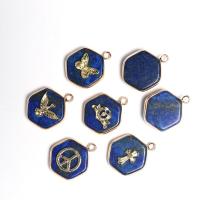 Natural Lapis Lazuli Pendants, with Brass, Hexagon, gold color plated, Unisex 