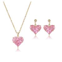 Brass Cubic Zirconia Jewelry Sets, Stud Earring & necklace, Heart, gold color plated, fashion jewelry & micro pave cubic zirconia & for woman, pink 