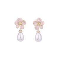Cubic Zirconia Micro Pave Brass Earring, with Plastic Pearl, Flower, plated, fashion jewelry & micro pave cubic zirconia & for woman 
