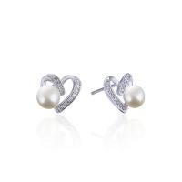 Cubic Zirconia Micro Pave Sterling Silver Earring, 925 Sterling Silver, with Freshwater Pearl, Heart, platinum plated, micro pave cubic zirconia & for woman, original color 