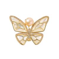 Shell Brooch, Brass, with Shell Pearl & White Shell & Freshwater Pearl, Butterfly, plated, micro pave cubic zirconia & for woman 