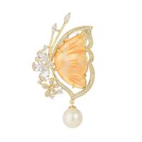 Shell Brooch, Brass, with Shell Pearl & Shell, Butterfly, gold color plated, micro pave cubic zirconia & for woman, yellow 