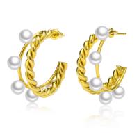 Edelstahl Perle Stud Ohrring, 304 Edelstahl, mit Kunststoff Perlen, Modeschmuck & für Frau, goldfarben, 32.8*33mm,5.8mm, verkauft von Paar
