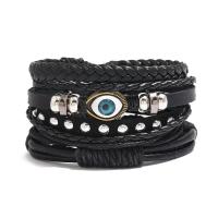 PU Leather Bracelet Set, with zinc alloy bead & Wax Cord & Copper Coated Plastic, Evil Eye, 4 pieces & for man, black Approx 7.08 Inch 