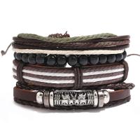 PU Leather Bracelet Set, with Wax Cord & Wood & Copper Coated Plastic & Zinc Alloy, 4 pieces & for man, coffee color Approx 7.08 Inch 