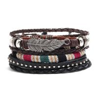 PU Leather Bracelet Set, with Wax Cord & Copper Coated Plastic & Zinc Alloy, Feather, 3 pieces & for man, black Approx 7.08 Inch 