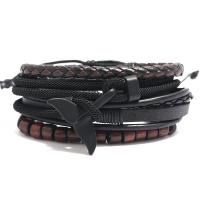 PU Leather Bracelet Set, with Milan Cord & Wax Cord & Wood & Zinc Alloy, 4 pieces & for man, black Approx 7.08 Inch 