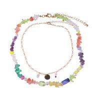 Gemstone Chip Necklaces, Zinc Alloy, with ABS Plastic Pearl & Gemstone, gold color plated, 2 pieces & fashion jewelry & for woman, multi-colored .3 cm 