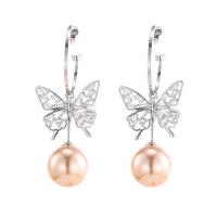 Cubic Zirconia Micro Pave Brass Earring, with Cubic Zirconia & Plastic Pearl, Butterfly, platinum plated, for woman 