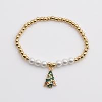 Brass Christmas Bracelet, with Plastic Pearl, gold color plated, Christmas Design & Unisex & micro pave cubic zirconia & enamel, mixed colors .7 Inch 