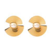 Edelstahl Perle Stud Ohrring, 304 Edelstahl, mit ABS-Kunststoff-Perlen, Vakuum-Ionen-Beschichtung, Modeschmuck & für Frau, goldfarben, 33x30mm, verkauft von Paar