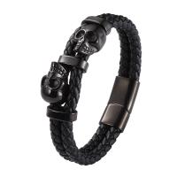 Leather Bracelet, with Microfiber PU & 316L Stainless Steel, Skull, Vacuum Ion Plating, Double Layer & fashion jewelry & for man 12mm 