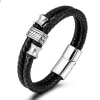 Titanium Steel Bracelet, with Cowhide, Double Layer & braided bracelet & for man, black, 215mm 