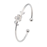 Cupronickel Cuff Bangle, Flower, platinum plated, micro pave cubic zirconia & for woman 59mm 