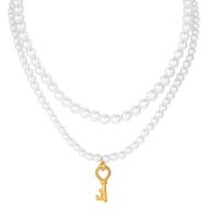 Plastic Pearl Necklace, with Titanium Steel, with 5cm extender chain, Key, Vacuum Ion Plating, Double Layer & fashion jewelry & adjustable & for woman, white cm, 46 cm 