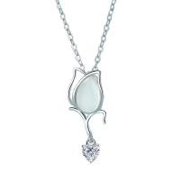 Cats Eye Necklace, 925 Sterling Silver, with Cats Eye, Tulip, platinum plated, micro pave cubic zirconia & for woman, original color, 22mm Approx 17.7 Inch 