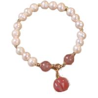 Cultured Freshwater Pearl Bracelets, with Strawberry Quartz, Round, Korean style & for woman, 5-7mm Approx 6.5 Inch 