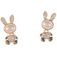 Cubic Zirconia Micro Pave Brass Earring, with Plastic Pearl, Rabbit, gold color plated, micro pave cubic zirconia & for woman 