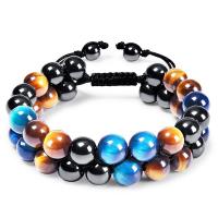 Gemstone Woven Ball Bracelets, Tiger Eye, with Knot Cord & Black Stone, Double Layer & Unisex, 16mm Approx 7.5-11.8 Inch 