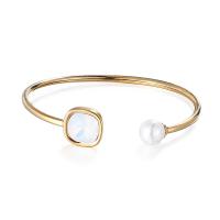 Stainless Steel Cuff Bangle, 304 Stainless Steel, with Shell Pearl & Crystal, Square, rack plating, for woman 13mm, Inner Approx 55mm 