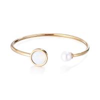 Stainless Steel Cuff Bangle, 304 Stainless Steel, with Shell Pearl & Crystal, Round, rack plating, for woman 13mm, Inner Approx 55mm 