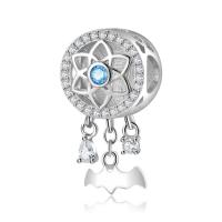 Cubic Zirconia Sterling Silver European Beads, 925 Sterling Silver, Dream Catcher, silver color plated, micro pave cubic zirconia, silver color 