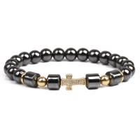 Non Magnetic Hematite Bracelet, with Brass, Cross, plated, elastic & Unisex & micro pave cubic zirconia, 8mm cm 