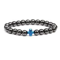 Non Magnetic Hematite Bracelet, with Zinc Alloy, Cross, plated, elastic & micro pave cubic zirconia & for man 8mm cm 
