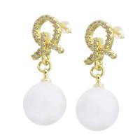 Cubic Zirconia Micro Pave Brass Earring, with Plastic Pearl, gold color plated, micro pave cubic zirconia & for woman, 30mm 