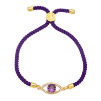 Cubic Zirconia Micro Pave Brass Bracelet, with Cotton Cord, Evil Eye, 18K gold plated, micro pave cubic zirconia & for woman .6 Inch 
