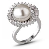 Pearl Brass Finger Ring, with Plastic Pearl & micro pave cubic zirconia & for woman, silver color 