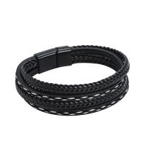 PU Leather Bracelet, with Zinc Alloy, plumbum black color plated, fashion jewelry & multilayer & for man cm 