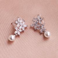 Cubic Zirconia Micro Pave Brass Earring, with Plastic Pearl, silver color plated, for woman & with cubic zirconia, silver color 