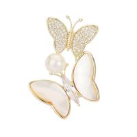 Shell Brooch, Brass, with White Shell & Plastic Pearl, Butterfly, gold color plated, for woman & with cubic zirconia, golden 