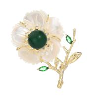 Shell Brooch, Brass, with Beeswax & Green Agate & Shell, Flower, gold color plated, micro pave cubic zirconia & for woman 