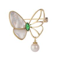 Shell Brooch, Brass, with Shell Pearl & White Shell, Butterfly, gold color plated, for woman & with cubic zirconia, golden 