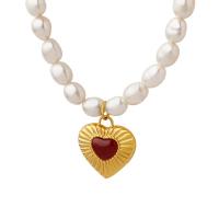 Agate Freshwater Pearl Necklace, with Titanium Steel & Agate, with 1.97inch extender chain, Heart, plated, fashion jewelry & for woman, 16*15mm,5mm Approx 15.75 Inch 