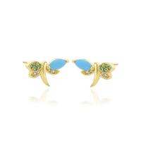 Cubic Zirconia Micro Pave Sterling Silver Earring, 925 Sterling Silver, with turquoise, Dragonfly, gold color plated, micro pave cubic zirconia & for woman 