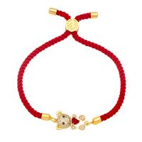 Cubic Zirconia Micro Pave Brass Bracelet, with Cotton Cord, Bear, 18K gold plated, micro pave cubic zirconia & for woman .3 Inch 