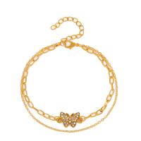 Cubic Zirconia Zinc Alloy Bracelet, with 5cm extender chain, Butterfly, KC gold color plated, Double Layer & fashion jewelry & adjustable & micro pave cubic zirconia & for woman, golden cm 