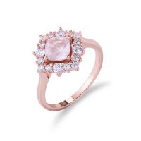 Cubic Zirconia Micro Pave Sterling Silver Finger Ring, 925 Sterling Silver, with Rose Quartz, rose gold color plated & micro pave cubic zirconia & for woman, rose gold color 