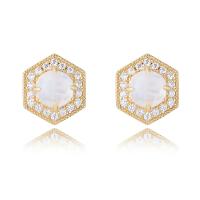 Cubic Zirconia Micro Pave Sterling Silver Earring, 925 Sterling Silver, with Moonstone, gold color plated, micro pave cubic zirconia & for woman, gold, 9.5mm 